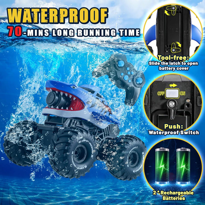 BOBXIN Camión monstruo de tiburón con control remoto anfibio, 4WD t...