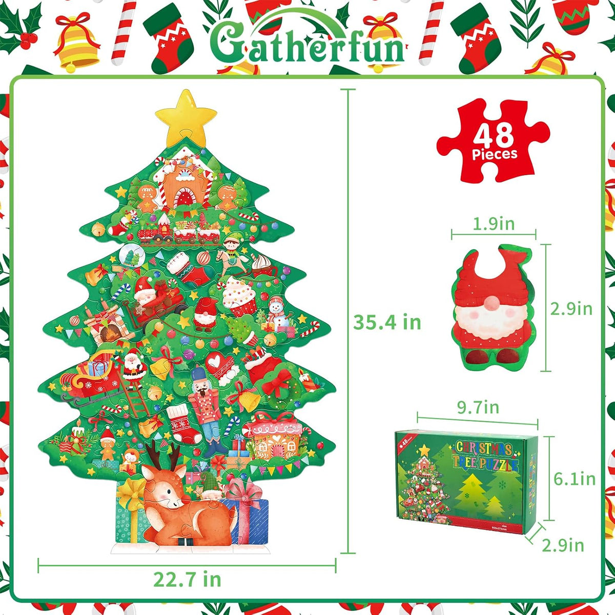 Gatherfun - Rompecabezas de piso de Navidad para niños de 3 a 5 años con 48 piezas grandes, rompecabezas de piso en forma de árbol de Navidad para decoraciones de fiestas, regalos y actividades en el aula