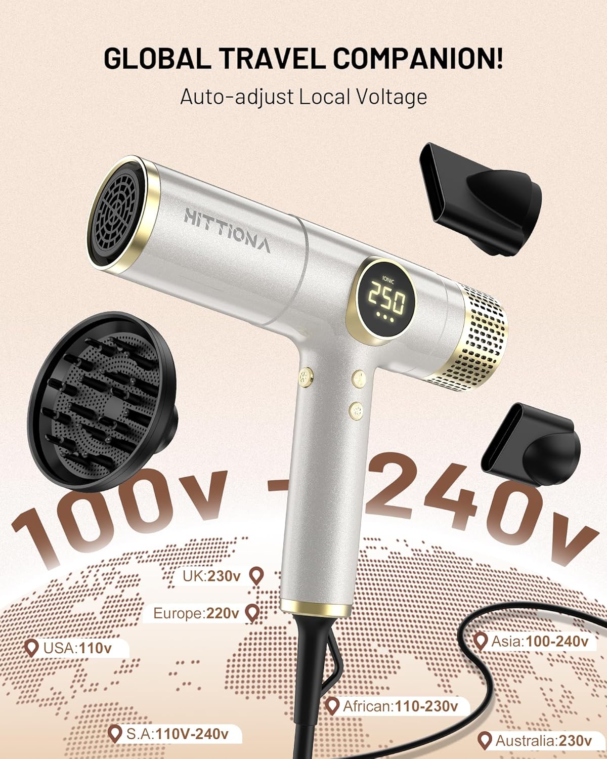 HITTIONA Secador de pelo de viaje de doble voltaje con difusor magn...