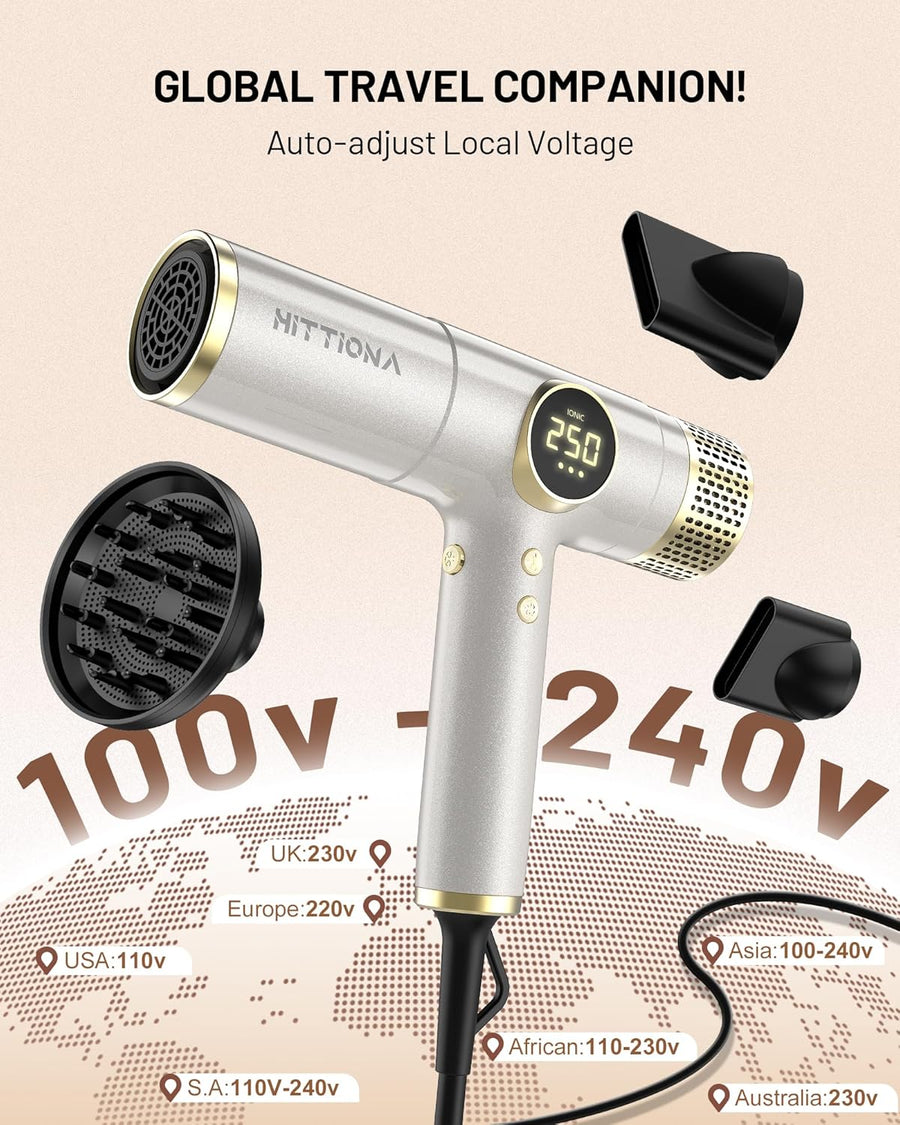 HITTIONA Secador de pelo de viaje de doble voltaje con difusor magn...