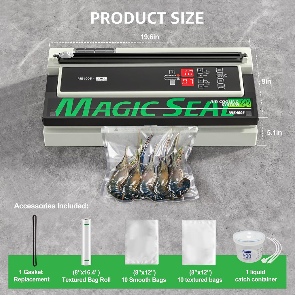MAGIC SEAL Máquina selladora al vacío comercial de 16 pulgadas, máquina de envasado al vacío sellador de carne con bomba doble y sistema de enfriamiento automático, control de tiempo de sellado y