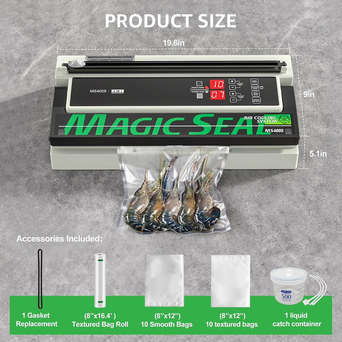 MAGIC SEAL Máquina selladora al vacío comercial de 16 pulgadas, máquina de envasado al vacío sellador de carne con bomba doble y sistema de enfriamiento automático, control de tiempo de sellado y