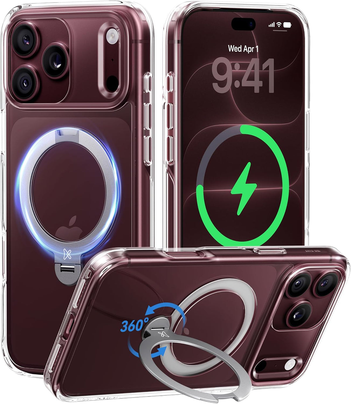CASEKOO Funda para iPhone 17 Pro con soporte magnético giratorio de 360 grados compatible con MagSafe, protección militar contra caídas de 17 pies con soporte de 6.3 pulgadas, transparente