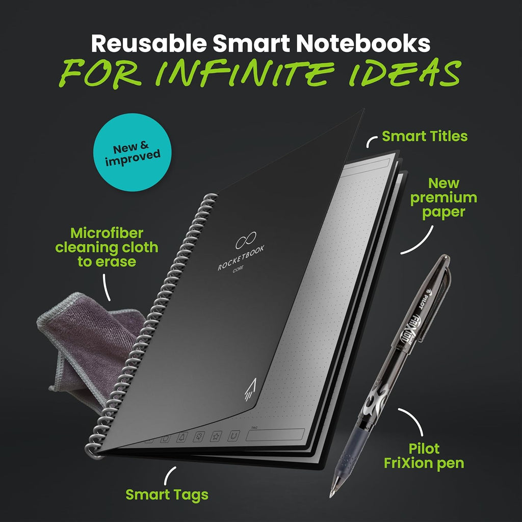 Rocketbook Core - Cuaderno inteligente reutilizable, tamaño carta, 8.5 x 11