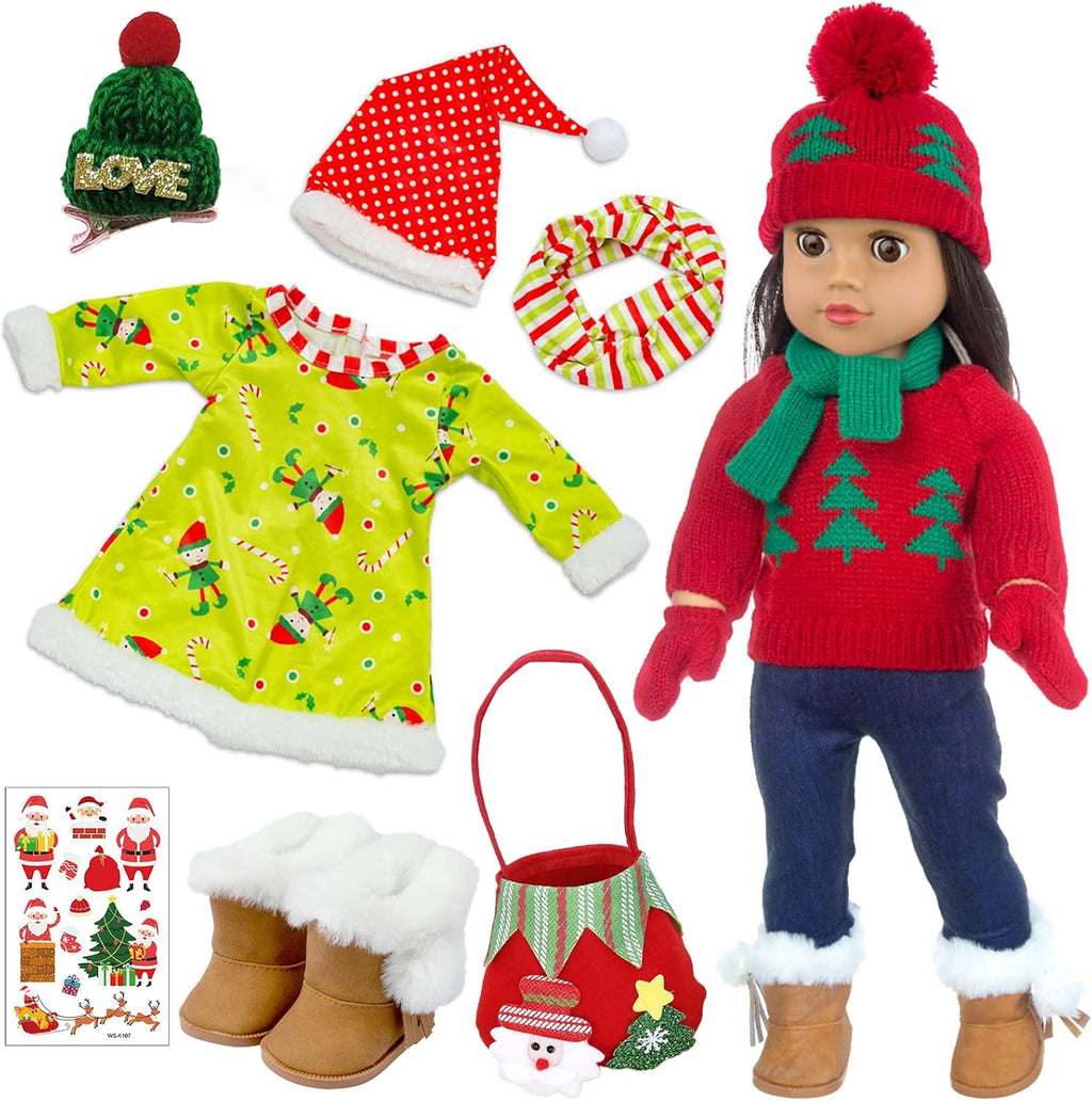 UNICORN ELEMENT 2 juegos de ropa y accesorios para muñecas de Navidad de 18 pulgadas, disfraz de Papá Noel de Navidad, incluyendo vestido de Navidad, suéter, horquilla, sombrero, bufanda, botas, etc