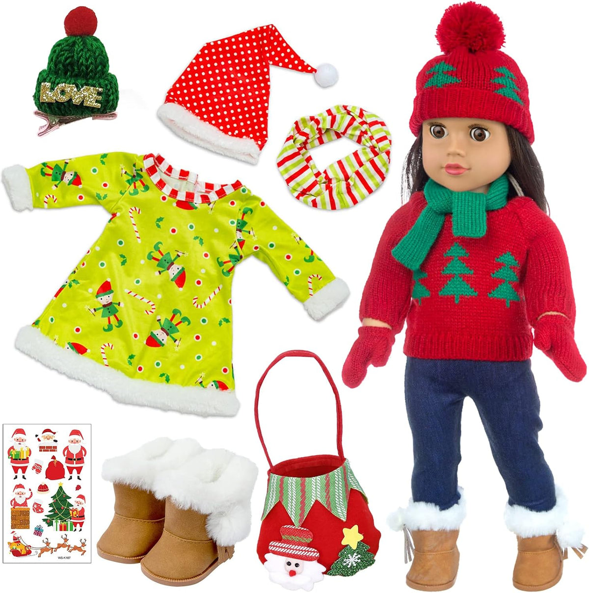 UNICORN ELEMENT 2 juegos de ropa y accesorios para muñecas de Navidad de 18 pulgadas, disfraz de Papá Noel de Navidad, incluyendo vestido de Navidad, suéter, horquilla, sombrero, bufanda, botas, etc