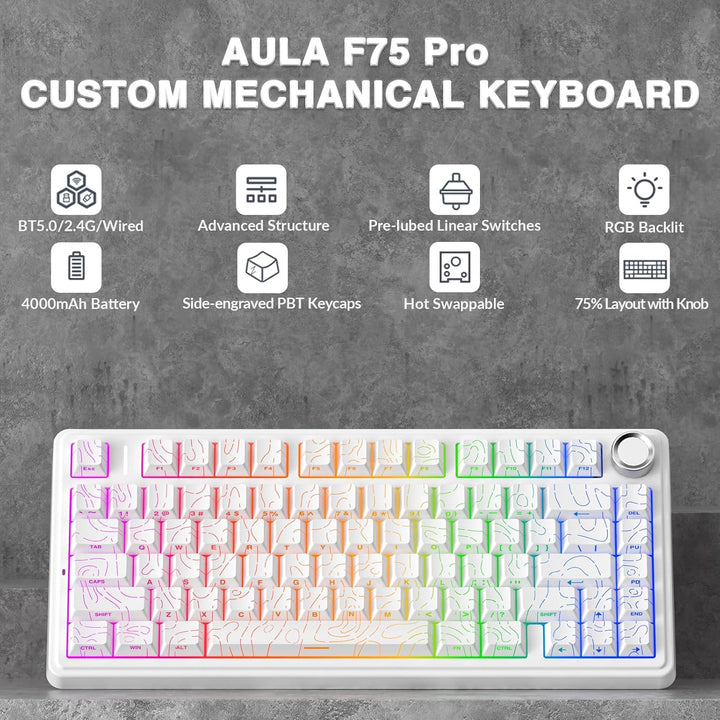 AULA Teclado Mecánico Inalámbrico F75 Pro con Perilla, 75% Teclados...
