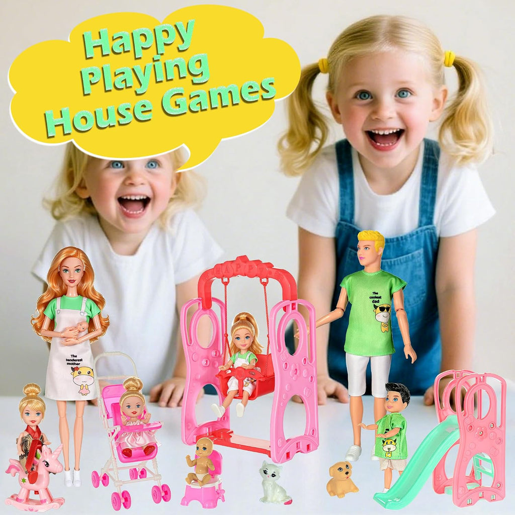 ebuddy Juego de muñecas familiares con tobogán, columpio y cochecito de bebé - 7 personas, mascotas y accesorios para regalo de niños pequeños de 3 a 12 años