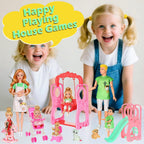 ebuddy Juego de muñecas familiares con tobogán, columpio y cochecito de bebé - 7 personas, mascotas y accesorios para regalo de niños pequeños de 3 a 12 años
