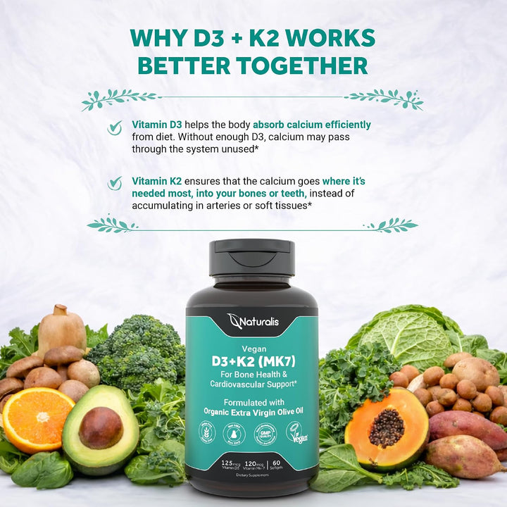 Naturalis Vitamina vegana D3+K2 de algas | 5000 UI D3 con 120 mcg M...