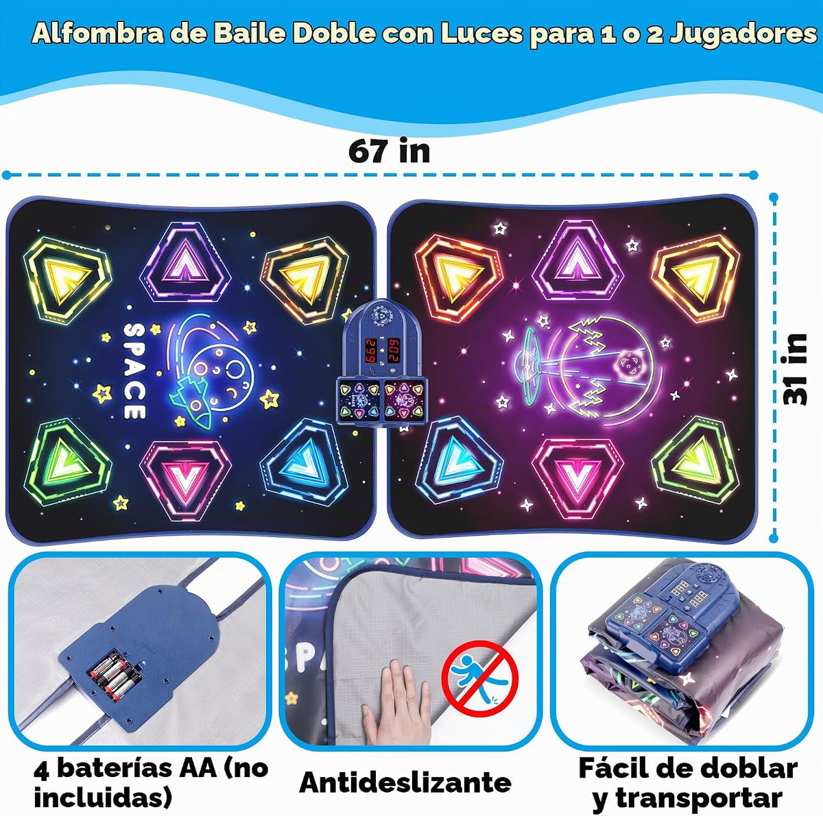 Alfombrilla de baile para niños de 6 a 12 años, 2 jugadores con luces LED