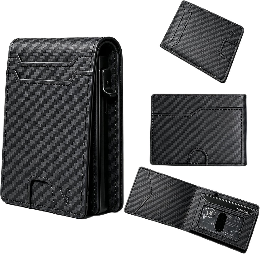 Cartera para hombre, con funda de metal, inteligente, delgada, con cierre magnético, 14-16 tarjetas, billetera triple de cuero con bloqueo RFID, bolsillo frontal