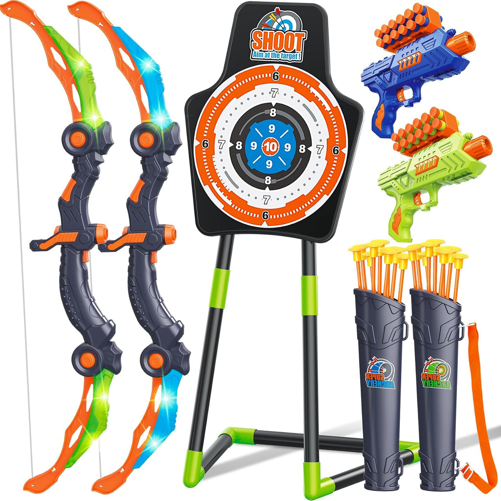 Bow y Arrow Toys para Niños, Pack de 2 Juego de Arco y Flecha con Luz LED para Exterior e Interior