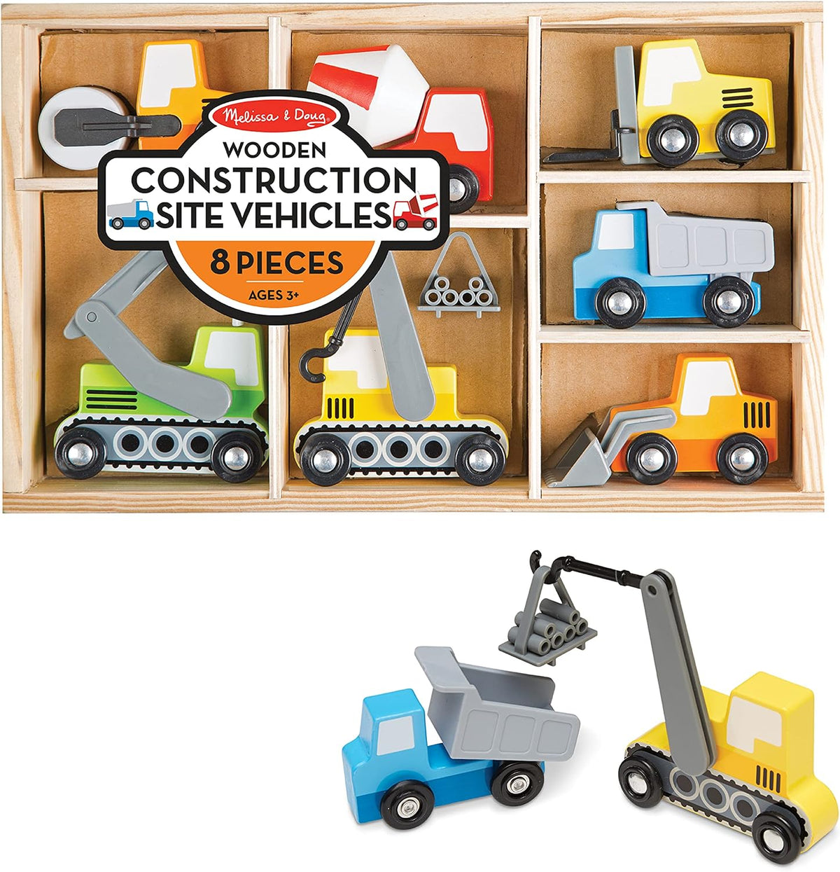 Melissa & Doug – de madera de construcción sitio Vehículos con bandeja de almacenamiento de madera (8 Pcs)