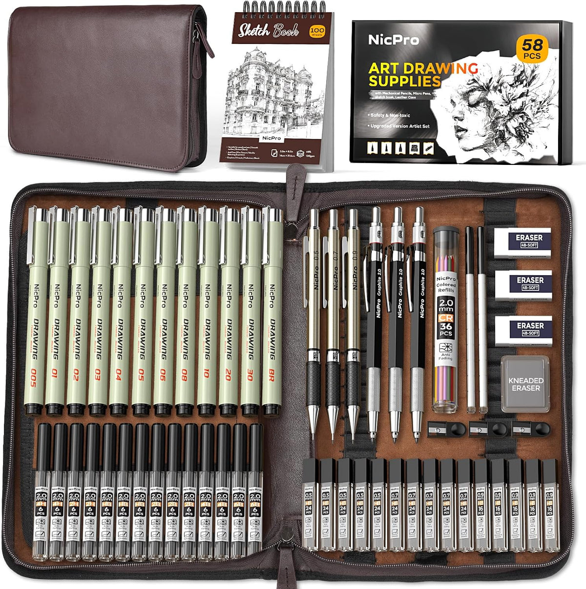 Nicpro Kit de suministros de dibujo artístico de 58 piezas, estuche de