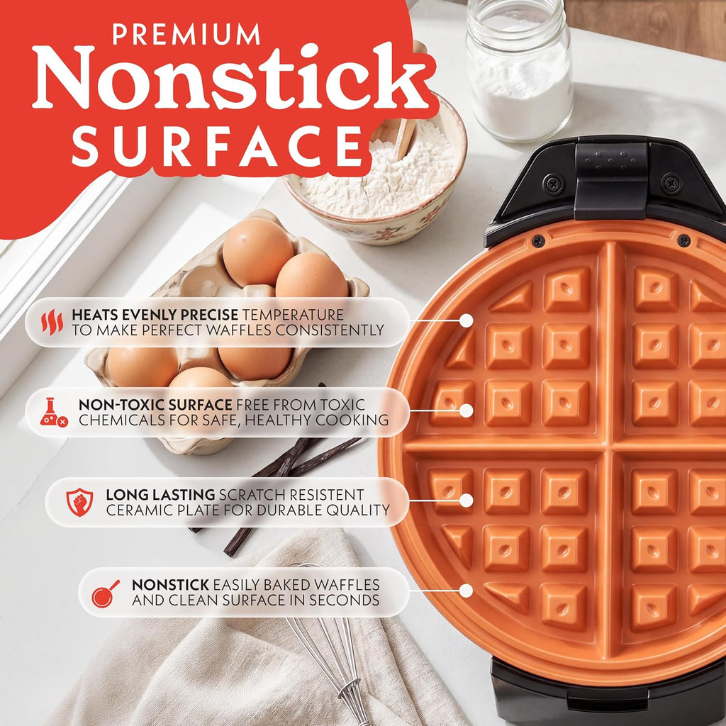 Gourmia - Máquina de waffles belga con control de tostado ajustable, placas antiadherentes, luces indicadoras de lista y potencia, almacenamiento vertical compacto, asa de tacto frío