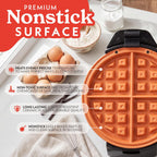 Gourmia - Máquina de waffles belga con control de tostado ajustable, placas antiadherentes, luces indicadoras de lista y potencia, almacenamiento vertical compacto, asa de tacto frío