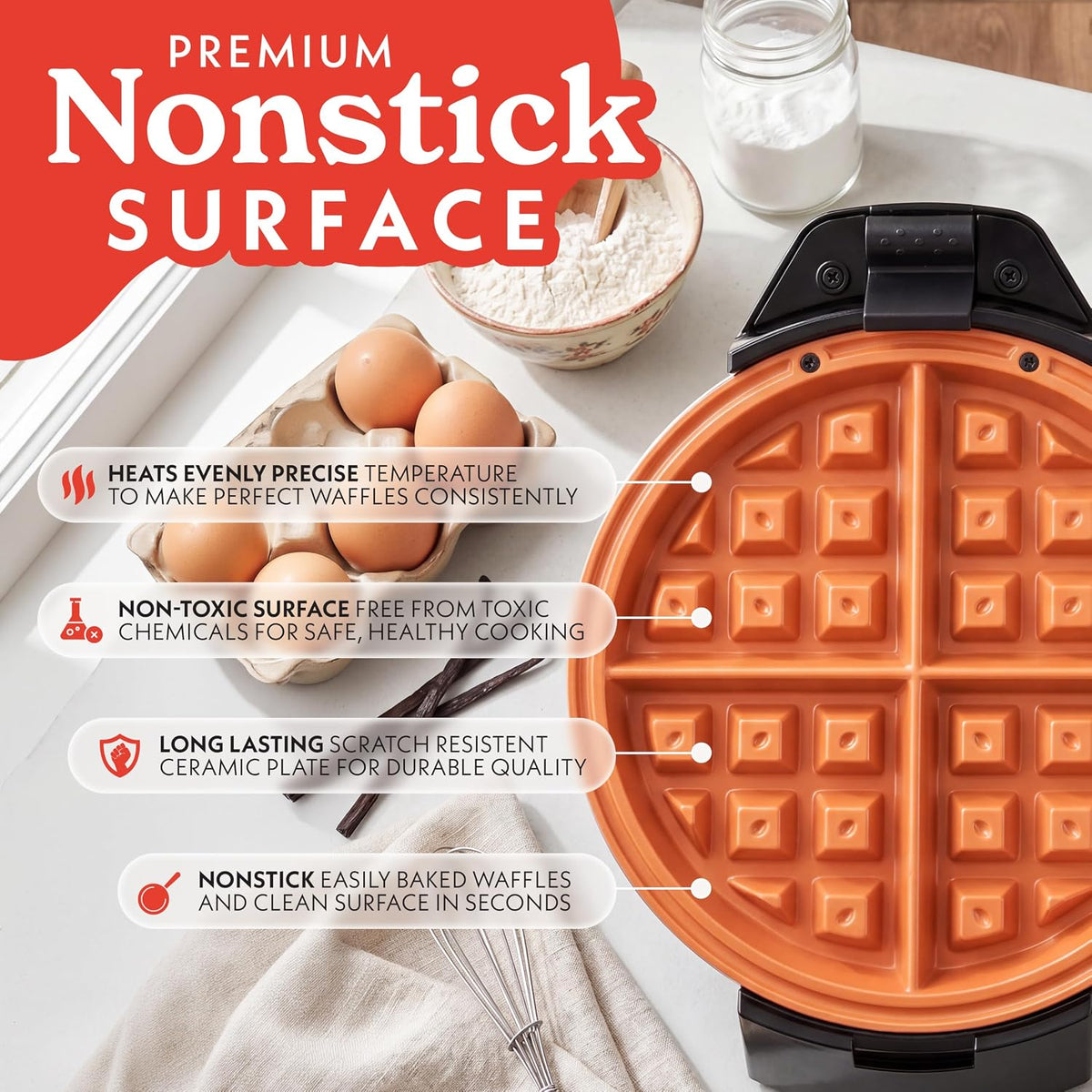 Gourmia - Máquina de waffles belga con control de tostado ajustable, placas antiadherentes, luces indicadoras de lista y potencia, almacenamiento vertical compacto, asa de tacto frío