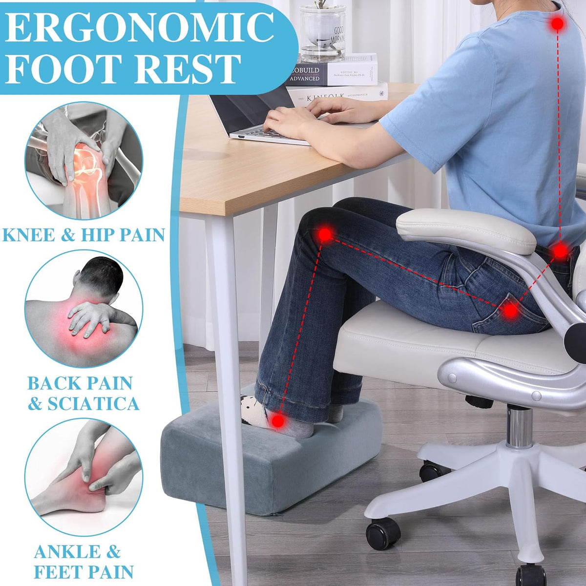 Lámpara Reposapiés para debajo del escritorio, reposapiés ergonómico de oficina con 3 alturas ajustables, reposapiés de espuma viscoelástica de alta densidad para el hogar, viajes, avión con funda lavable