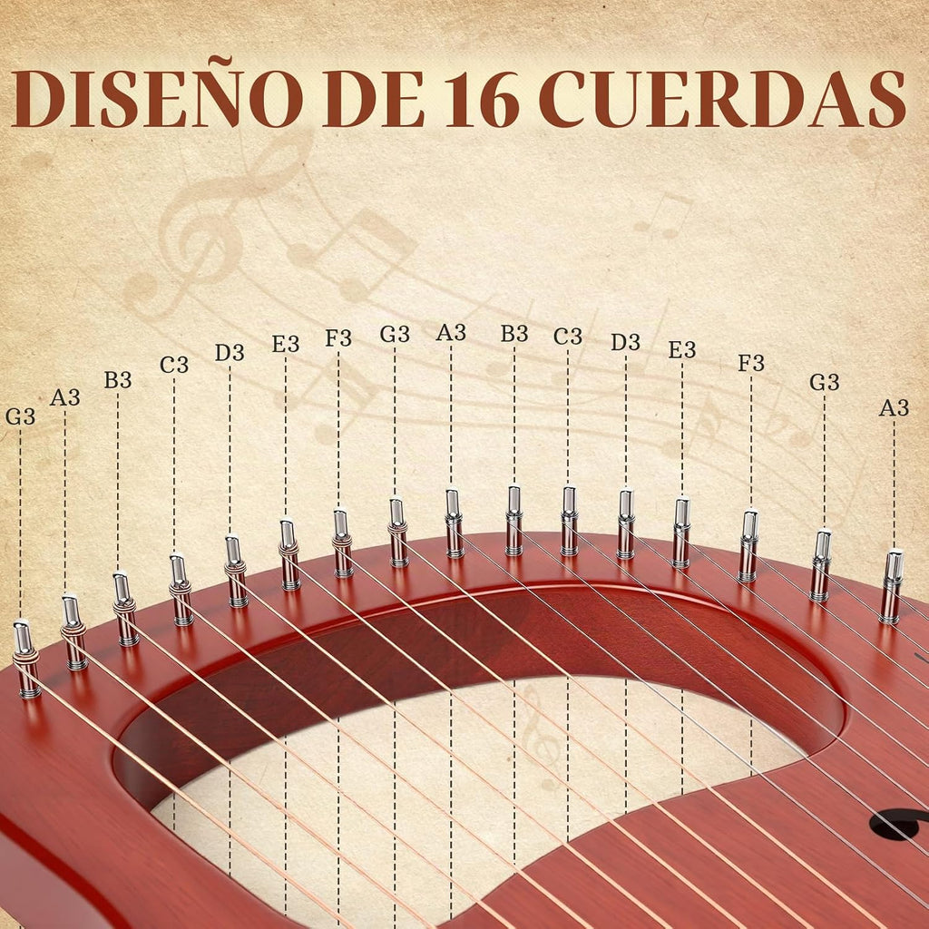 Lotkey Lyre Harp, 16 Cuerdas de Metal, Silla de Hierro, Lejía de Arpa en Nogal con Llave de Afinación, Extracción de Cuerdas, Manual y Bolsa de Gig
