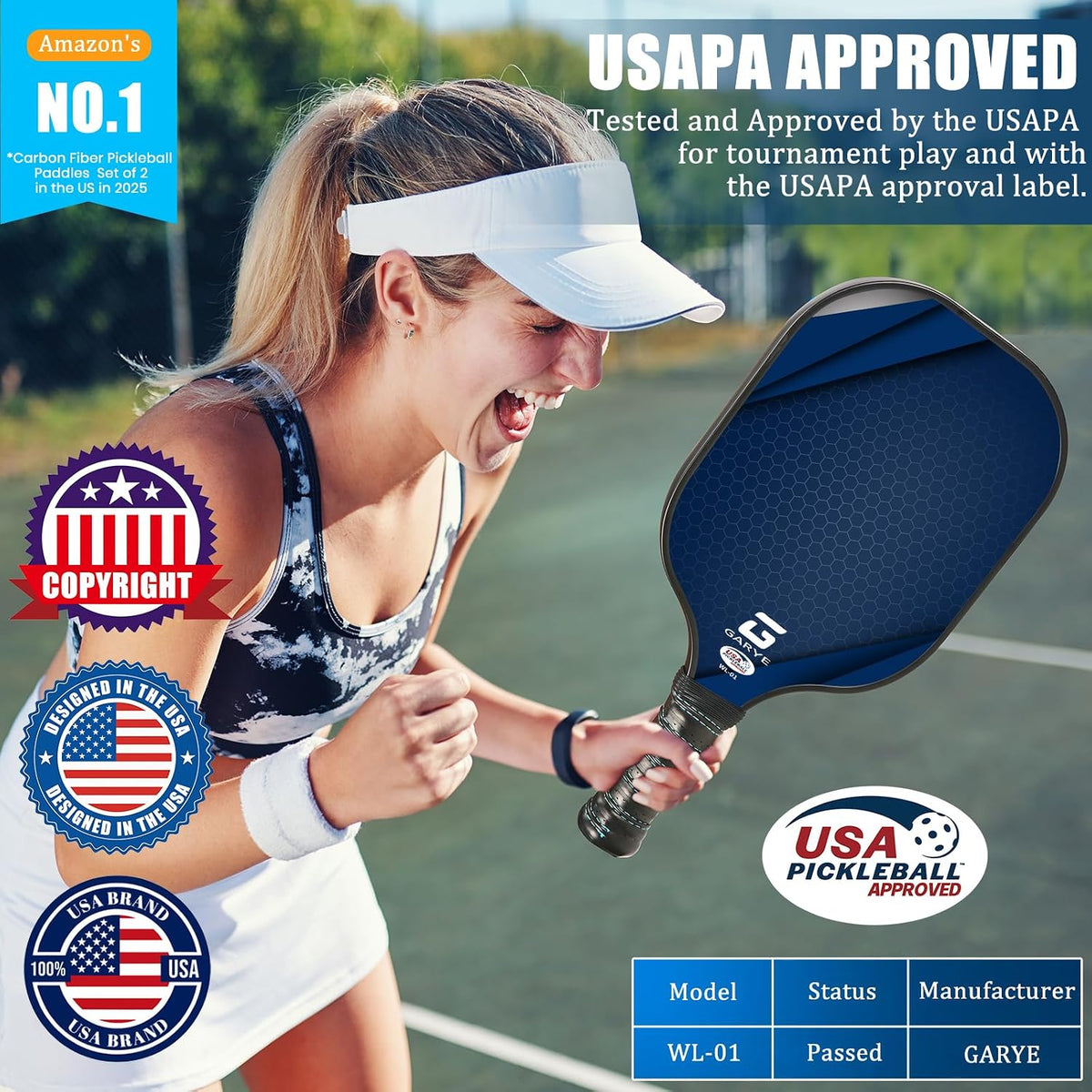GARYE Juego de 2/4 palas de pickleball aprobadas por USAPA, juego de pickleball de fibra de carbono, raquetas ligeras de pickleball, paquete de 2/4 con 6 bolas, 1 bolsa, par de cintas de agarre