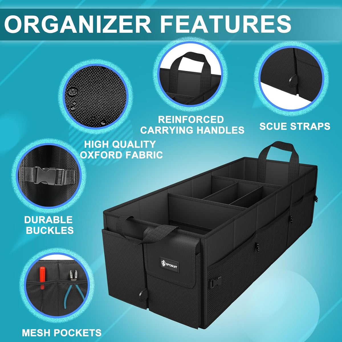 Organizador de maletero extragrande de 98 litros, plegable, con divisores extraíbles y correas de seguridad ajustables para automóvil, SUV, camioneta