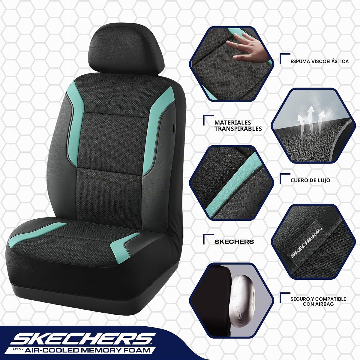 Fundas de asiento de coche de espuma viscoelástica Skechers, fundas de asiento gruesas de malla Air Cool, juegos completos de asientos de coche, compatibles con bolsas de aire, protección de confort