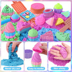Golray - Juego de arena sensorial de helado para niñas, kit de arte de arena con caja de arena, 2 libras de arena mágica, moldes de pastel y gofre, juguetes de postres de juego de roles, juego de