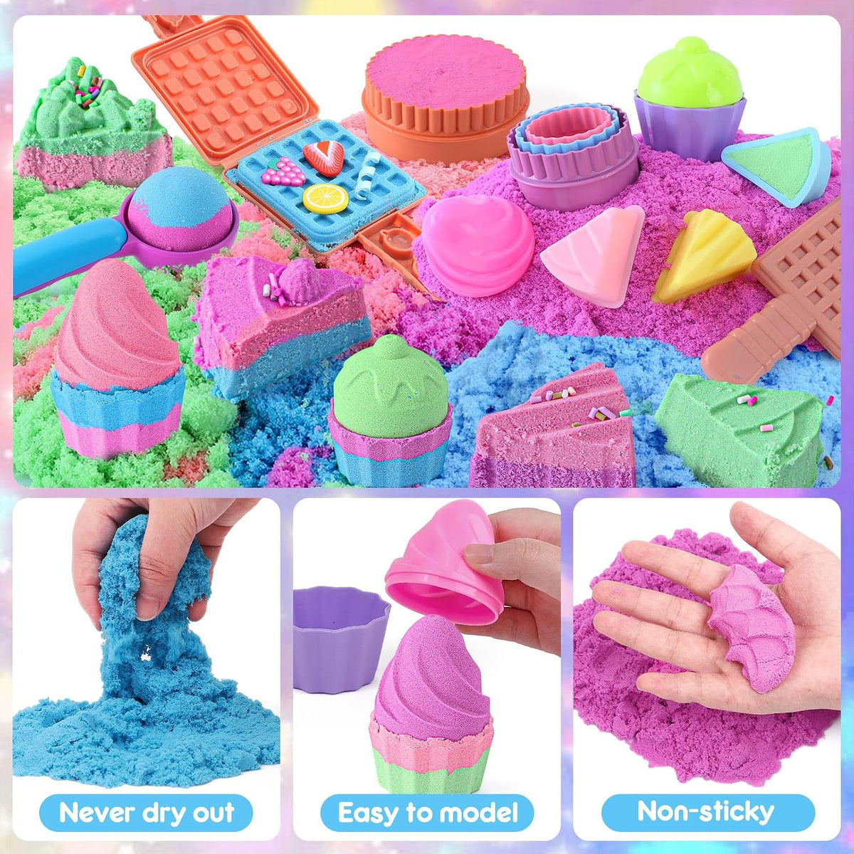 Golray - Juego de arena sensorial de helado para niñas, kit de arte de arena con caja de arena, 2 libras de arena mágica, moldes de pastel y gofre, juguetes de postres de juego de roles, juego de