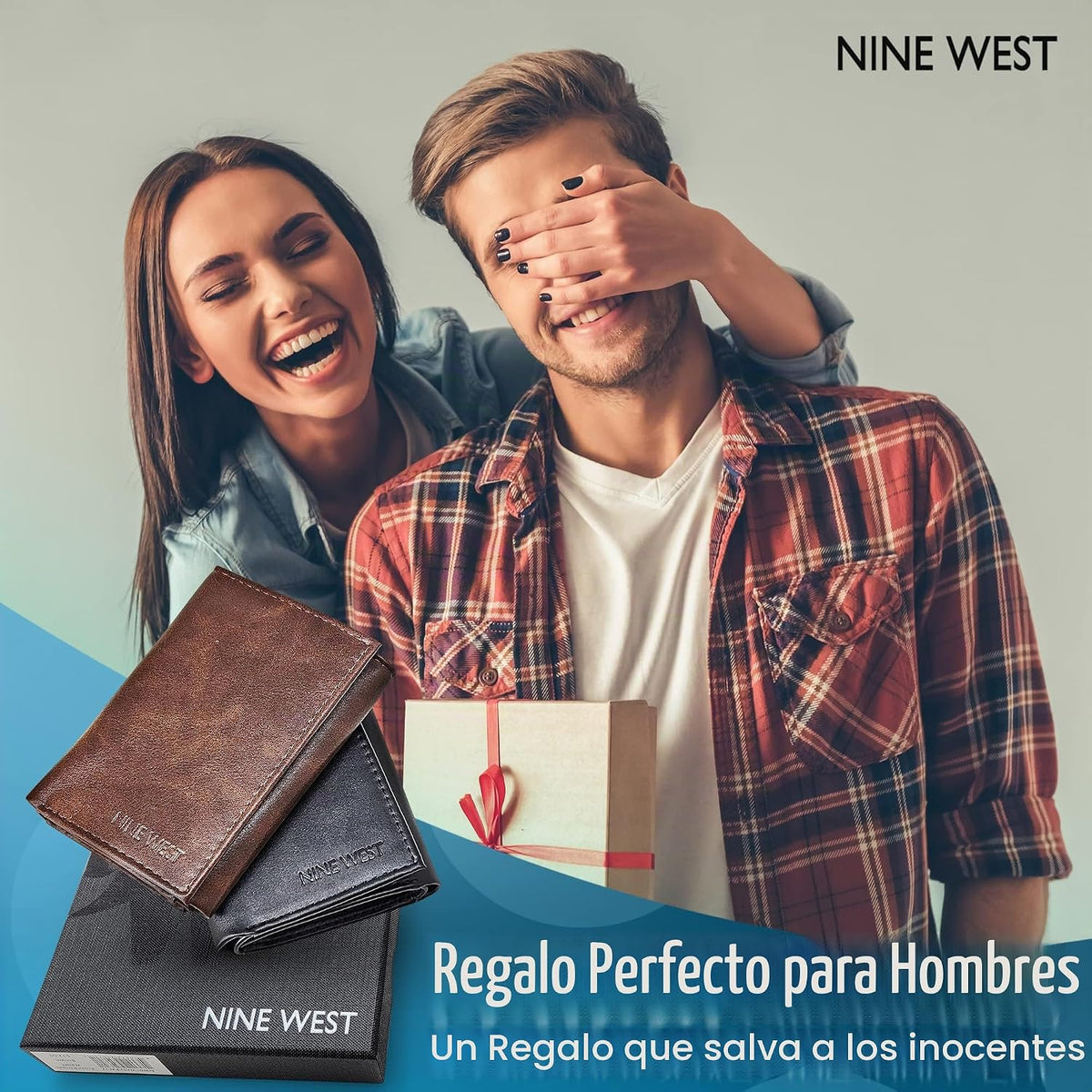 Nine West Billeteras de cuero vegano triple para hombre, sin crueldad, cuero reciclado con ventana de identificación, regalos para hombres, color negro sólido