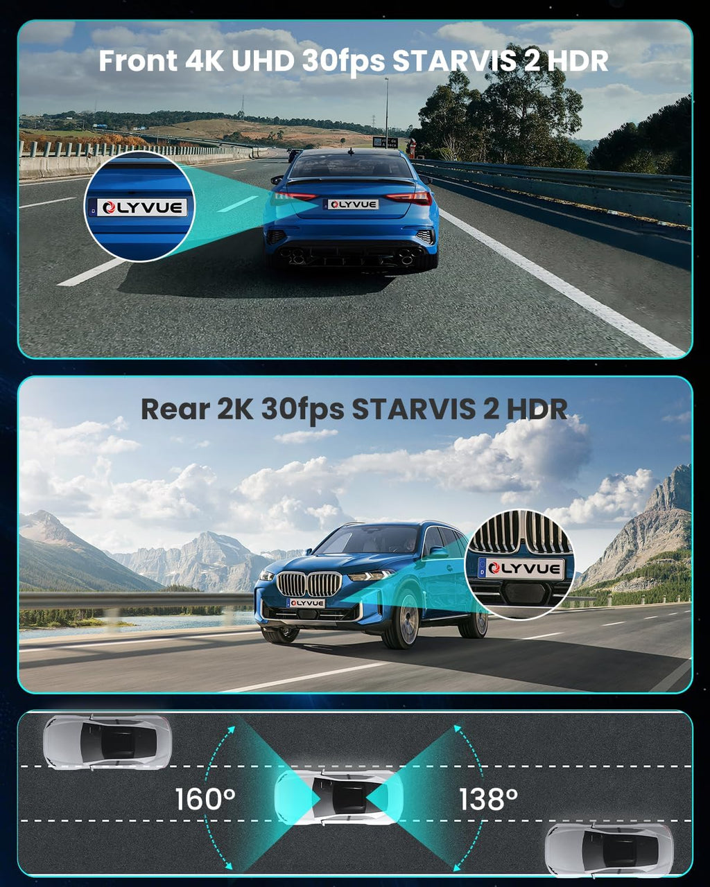 Cámara de tablero frontal 4K trasera 2K Dual STARVIS 2 Sensores Cámara de coche, Super visión nocturna HDR inalámbrica pequeña cámara de tablero grabadora de conducción, 5.8G WI-FI descarga
