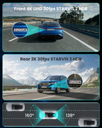 Cámara de tablero frontal 4K trasera 2K Dual STARVIS 2 Sensores Cámara de coche, Super visión nocturna HDR inalámbrica pequeña cámara de tablero grabadora de conducción, 5.8G WI-FI descarga