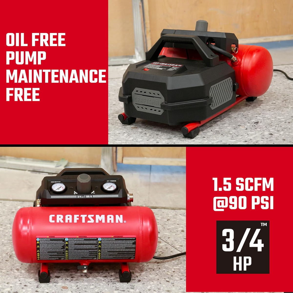 CRAFTSMAN Compresor de aire, 1.5 galones, 3\/4 HP, máximo 125 PSI,...