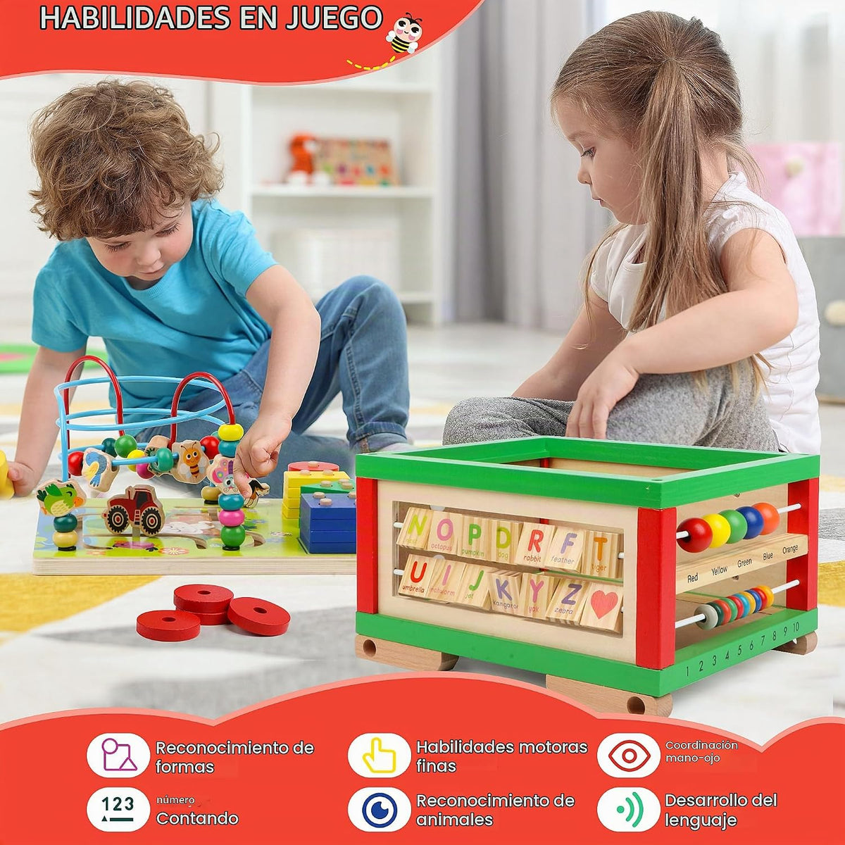 Cubos de actividad de madera 7 en 1 Juguetes Montessori para niños y niñas