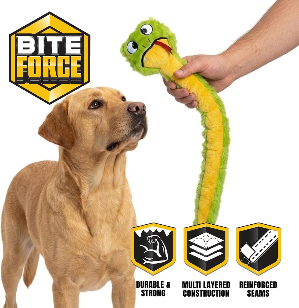 Bite Force - Juguete duradero y resistente para perros Slither The Snake con chirriador, reforzado con Kevlar para masticadores agresivos para perros pequeños, medianos y grandes - Verde.