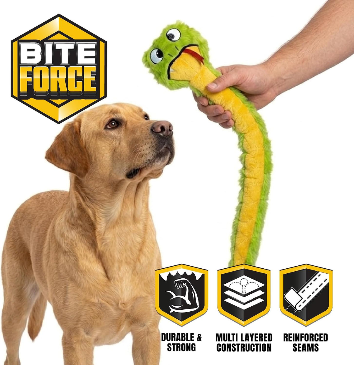 Bite Force - Juguete duradero y resistente para perros Slither The Snake con chirriador, reforzado con Kevlar para masticadores agresivos para perros pequeños, medianos y grandes - Verde.