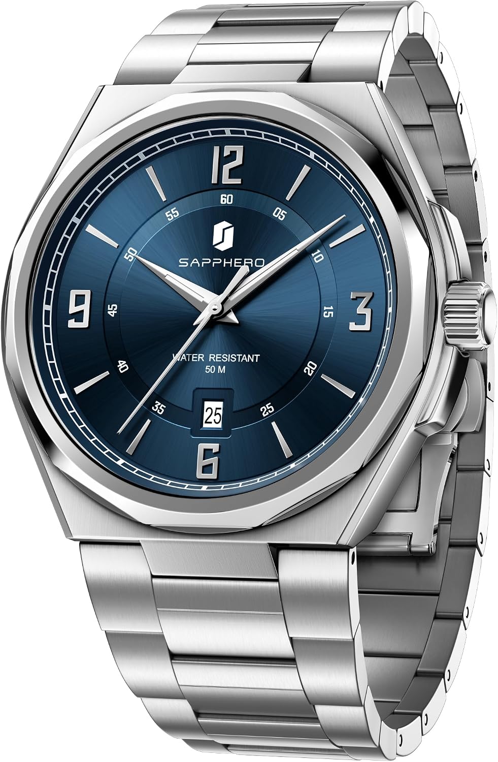 SAPPHERO Reloj para hombre con subesfera de fecha/esfera de números arábigos, cuarzo analógico, correa de acero inoxidable/piel, 164 ft impermeable, reloj de pulsera de vestir casual para trabajo de