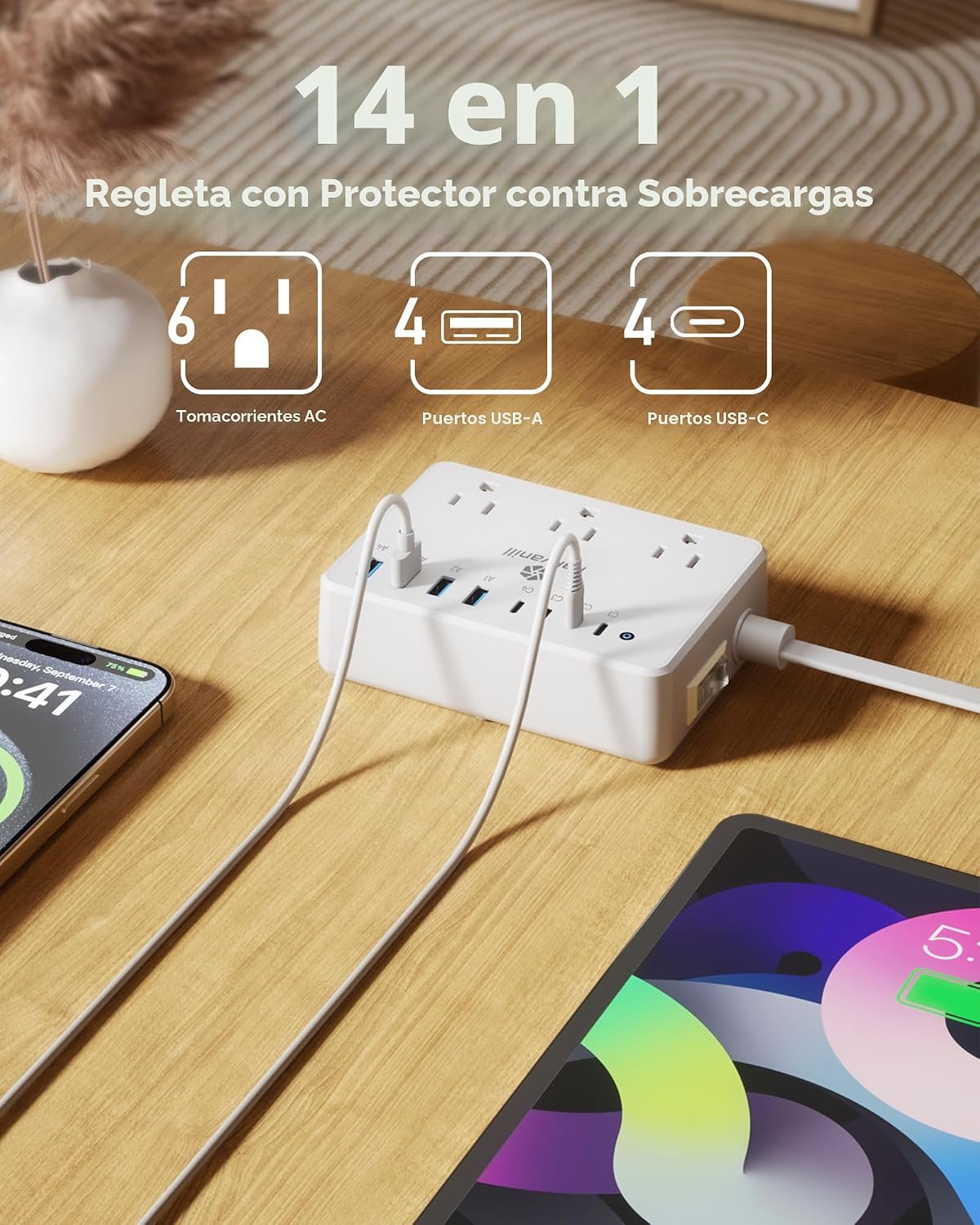 Estación de carga de 100 W, regleta de alimentación con 6 salidas