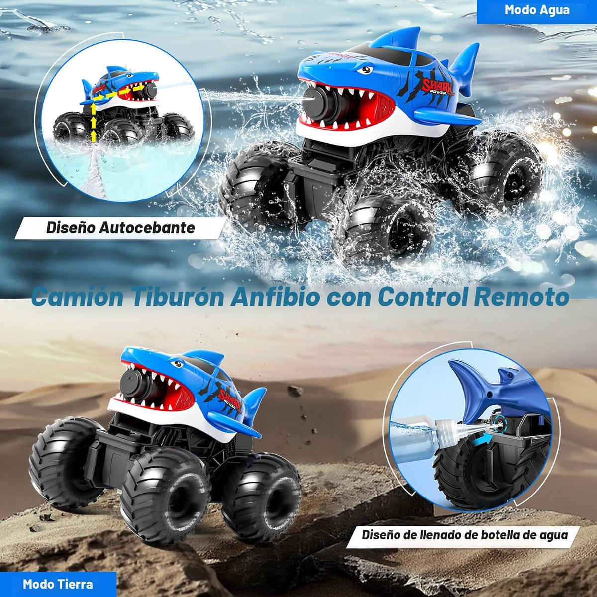 Camión monstruo de tiburón anfibio de control remoto con detección de gestos y chorro de agua, 4WD, 1:16, vehículo RC todo terreno, impermeable, tanque RC para piscina, juguete al aire libre, regalos
