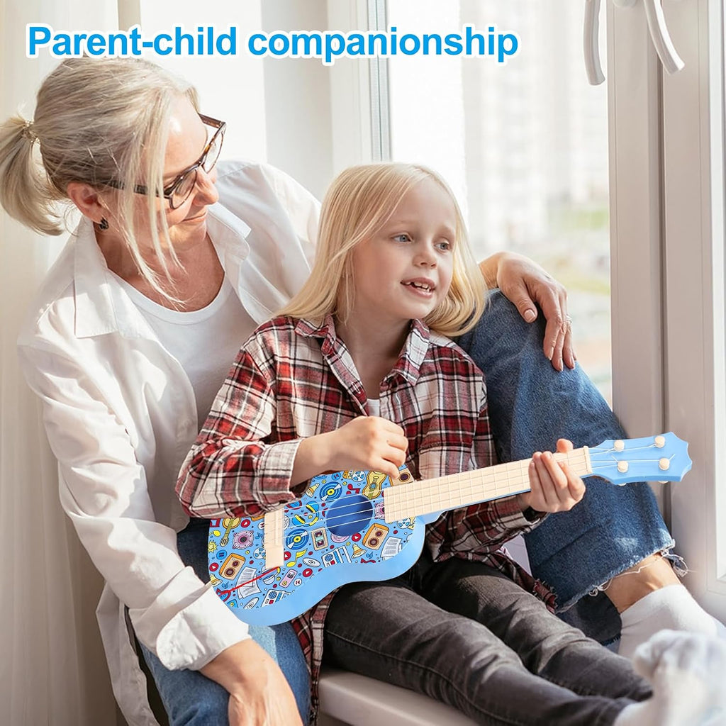 Guitarra ukelele de 21 pulgadas para niños, guitarra de juguete de grafiti con púas, color azul