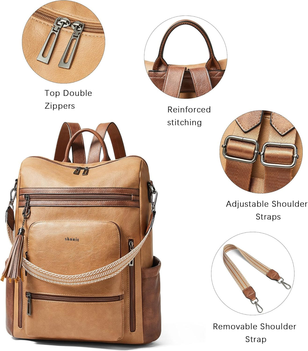 Shrrie Mochila de cuero vegano para computadora portátil para mujer...