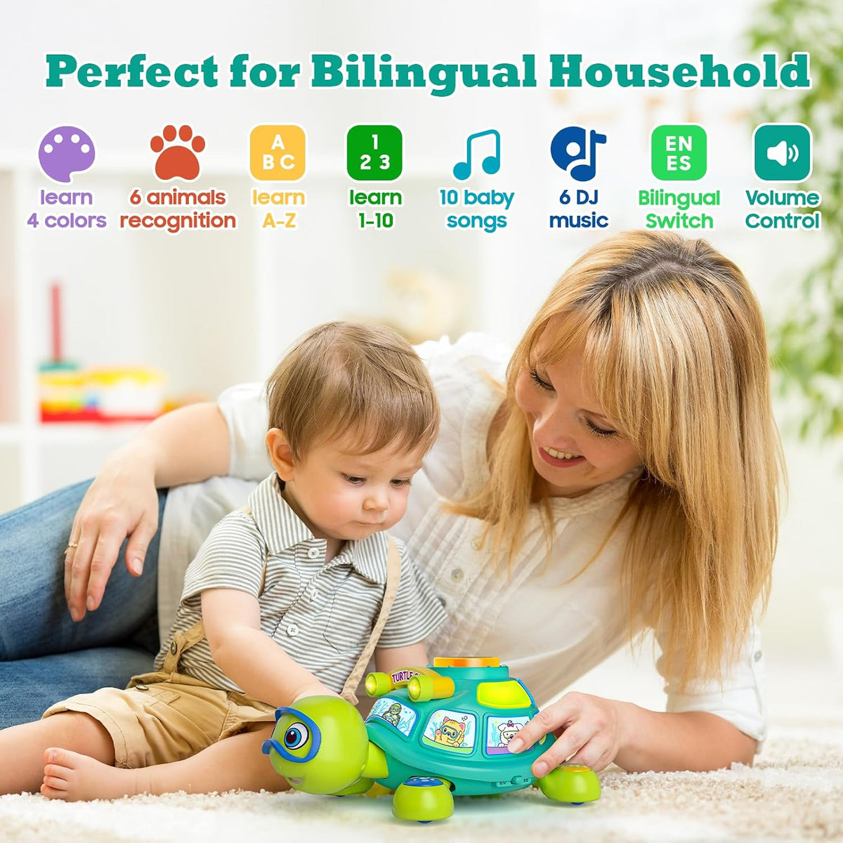 Juguetes para bebés de 6 a 12 meses, juguete musical de tortuga para el desarrollo del tiempo boca abajo, juguete para gatear para 6, 7, 8, 9, 10 meses, juguete educativo bilingüe para bebés de 6 a 9 a 12 meses, regalos de cumpleaños para bebés y niñas