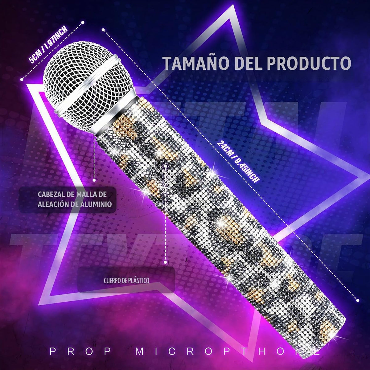 Micrófono falso con diamantes de imitación brillantes, micrófono de juego de plástico con purpurina para disfraz de fiesta de cosplay (leopardo)