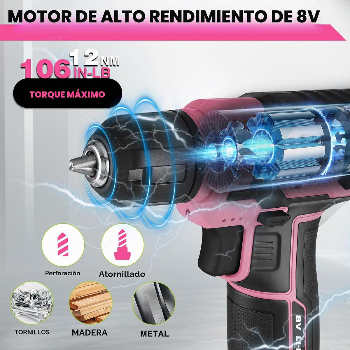 WORKPRO 8V Rosa Set de Taladro Inalámbrico para Mujeres con Juego de Brocas, 54Piezas