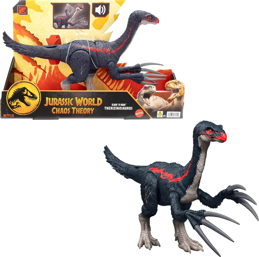 Mattel Jurassic World Teoría del Caos Slash N Roar Figura de Dinosaurio de Acción de Therizinosaurus, Garras de Ataque y Sonido, Juego Digital