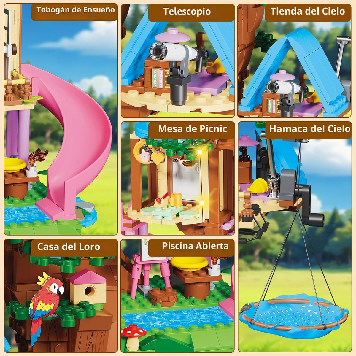 Treehouse - Juego de construcción compatible con amigos, 731 piezas para niñas, kit de construcción de casa de árbol forestal, juguetes con luz LED, gato, tobogán y hamaca de cielo, regalos de cumpleaños de Navidad para niños y niñas de 6 a 12 años