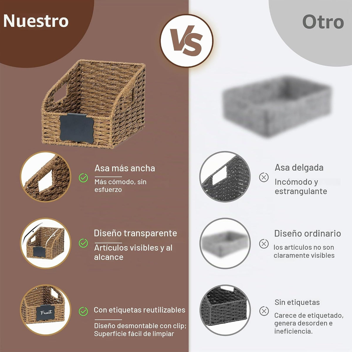 Cestas de despensa para organizar, organizadores de almacenamiento de mimbre, 3 piezas, color marrón