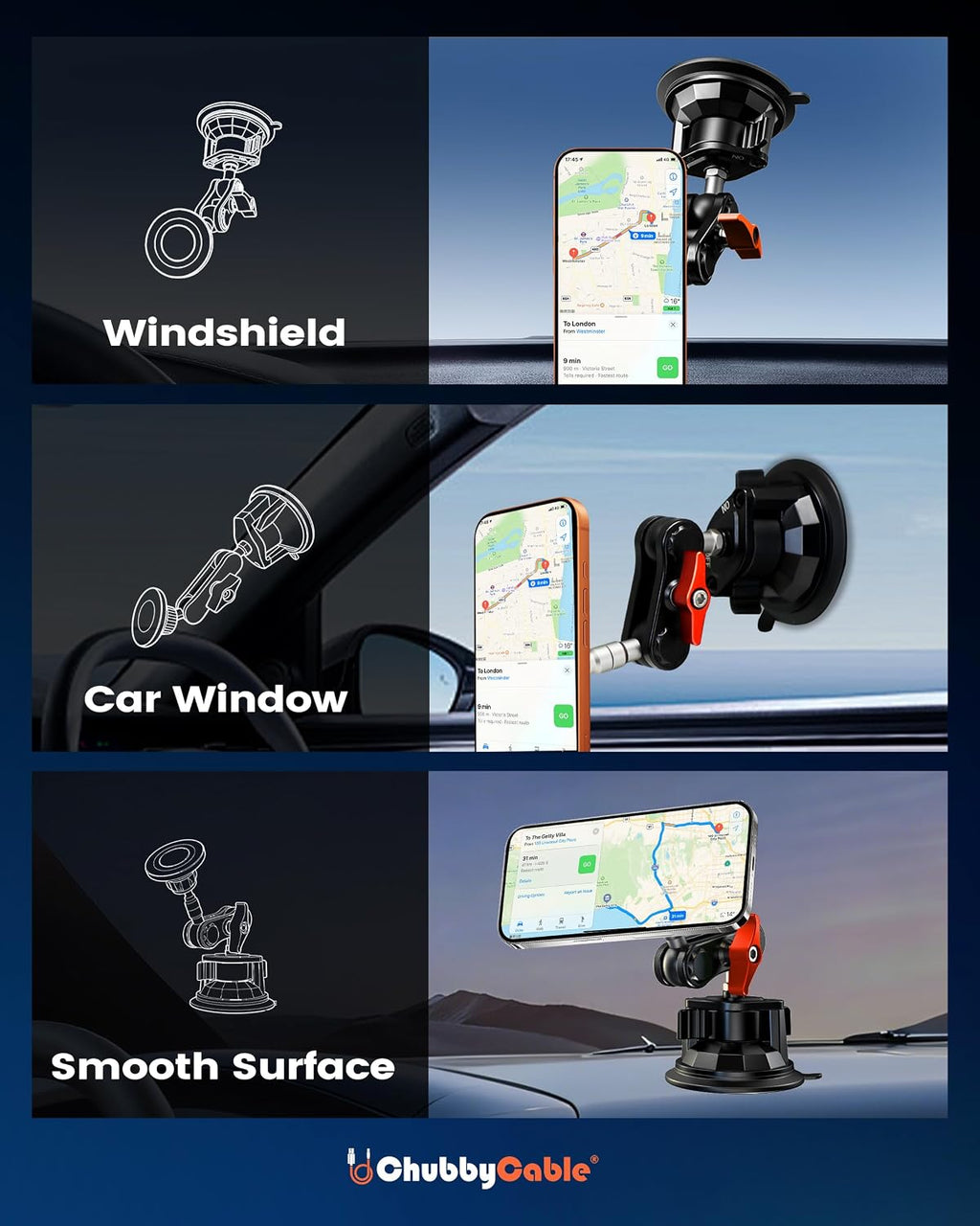 chubbycable ChubbyGrip Soporte magnético para teléfono en auto con ventosa de alta resistencia