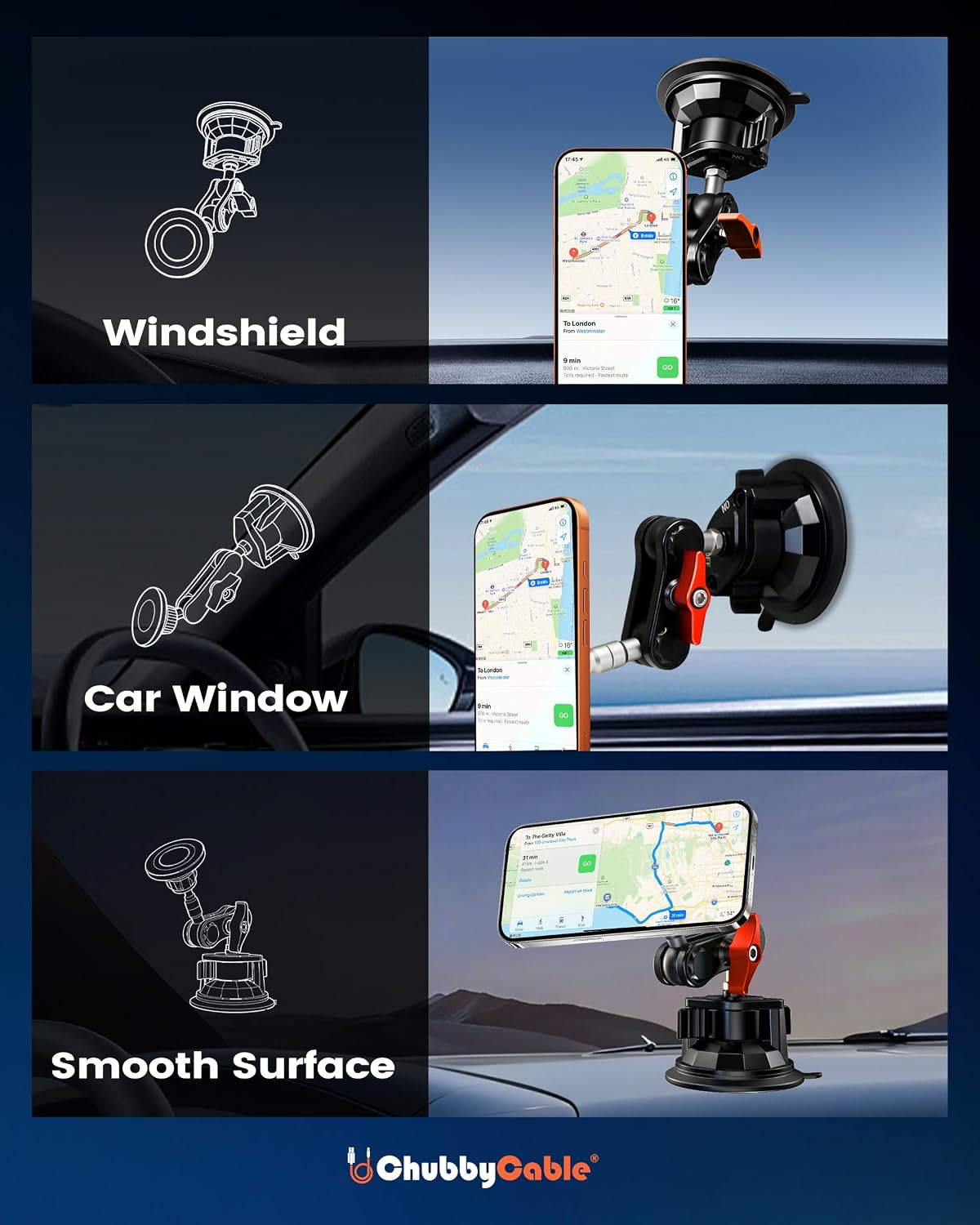 chubbycable ChubbyGrip Soporte magnético para teléfono en auto con ventosa de alta resistencia