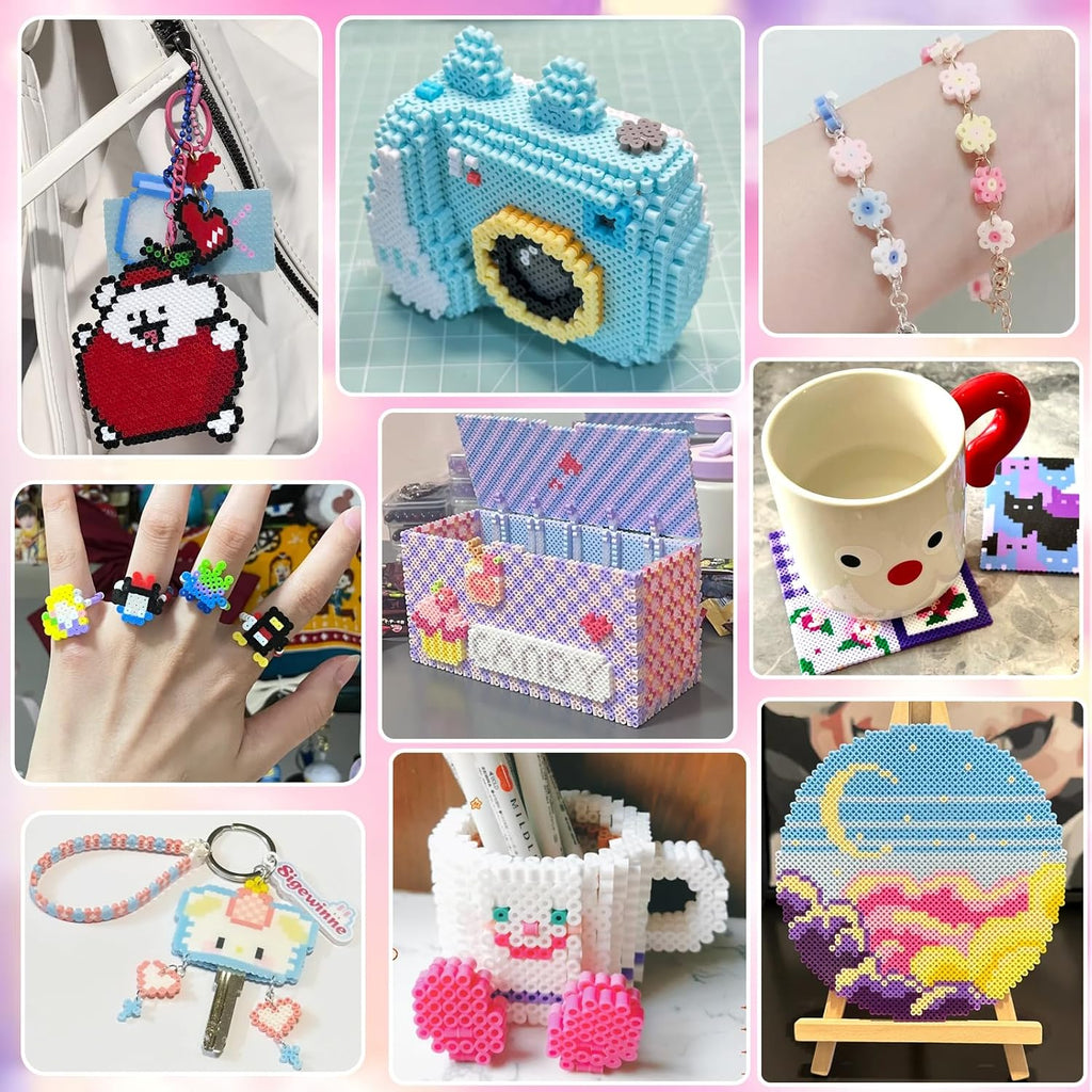 Kit de manualidades de 11000 cuentas fusibles con caja de almacenamiento, 20 colores de cuentas de 0.197 in, tableros de clavijas, papeles de planchar y accesorios. Juego de manualidades para niños y